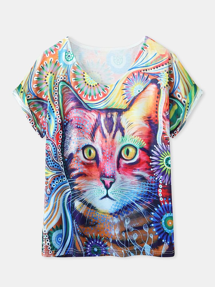 Cat Print V neck Short Sleeve Casual T Shirt For Women P1799841