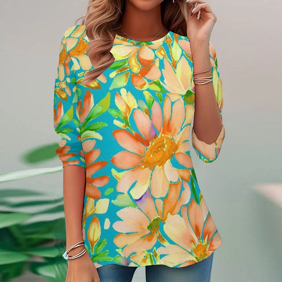 Full Printed Long Sleeve Plus Size Tunic for  Women Pattern Floral,Blue,Yellow
