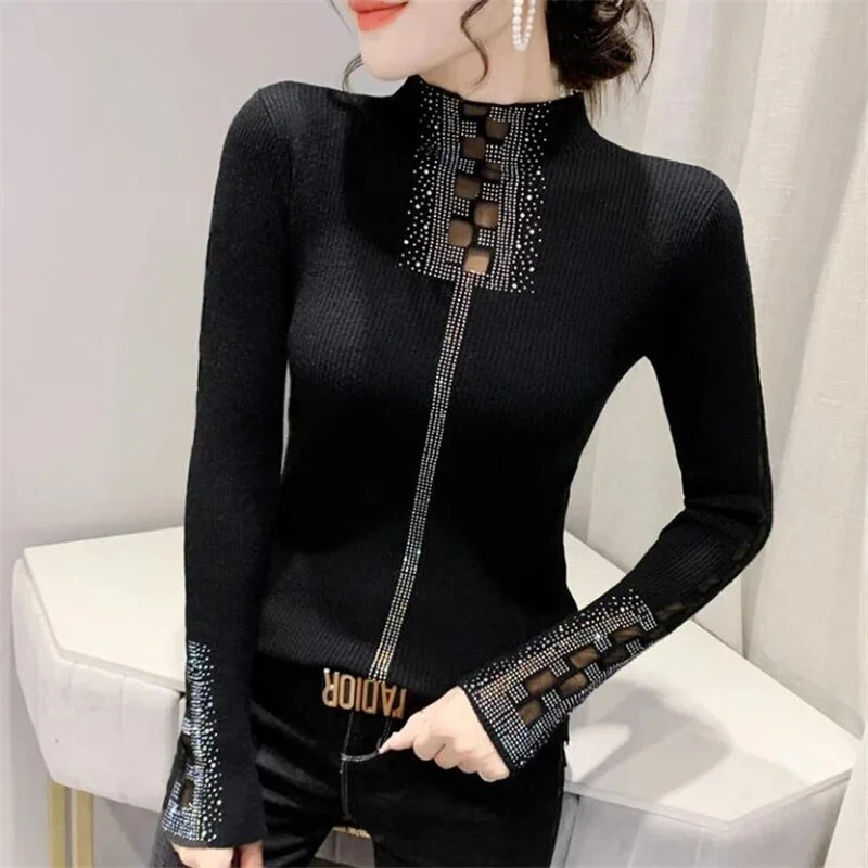 Mesh Splice T-shirt Women Kinted Tees Half High Collar Hot Drilled Pullover Autumn Winter Temperament Slim Basice Female Tshirt