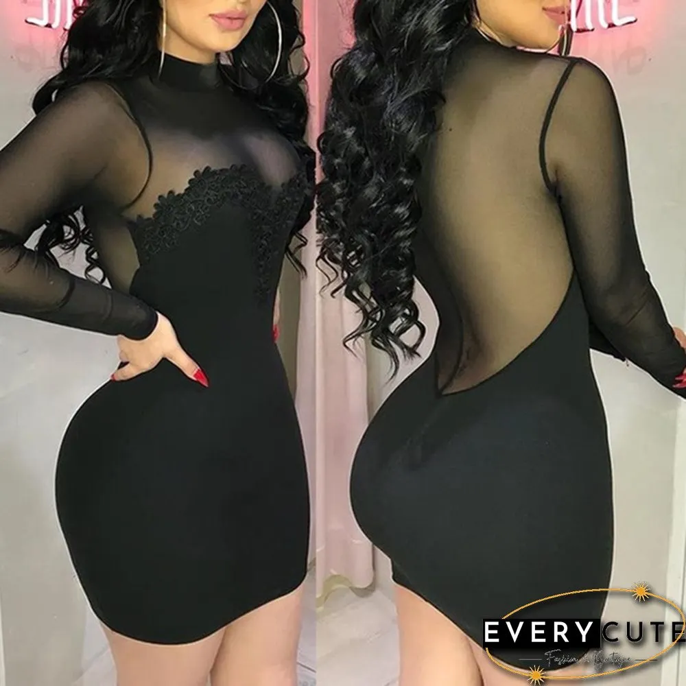 1 Pc Women Fashion Sexy Black Mesh Sleeve Lace Stitching Mini Dress