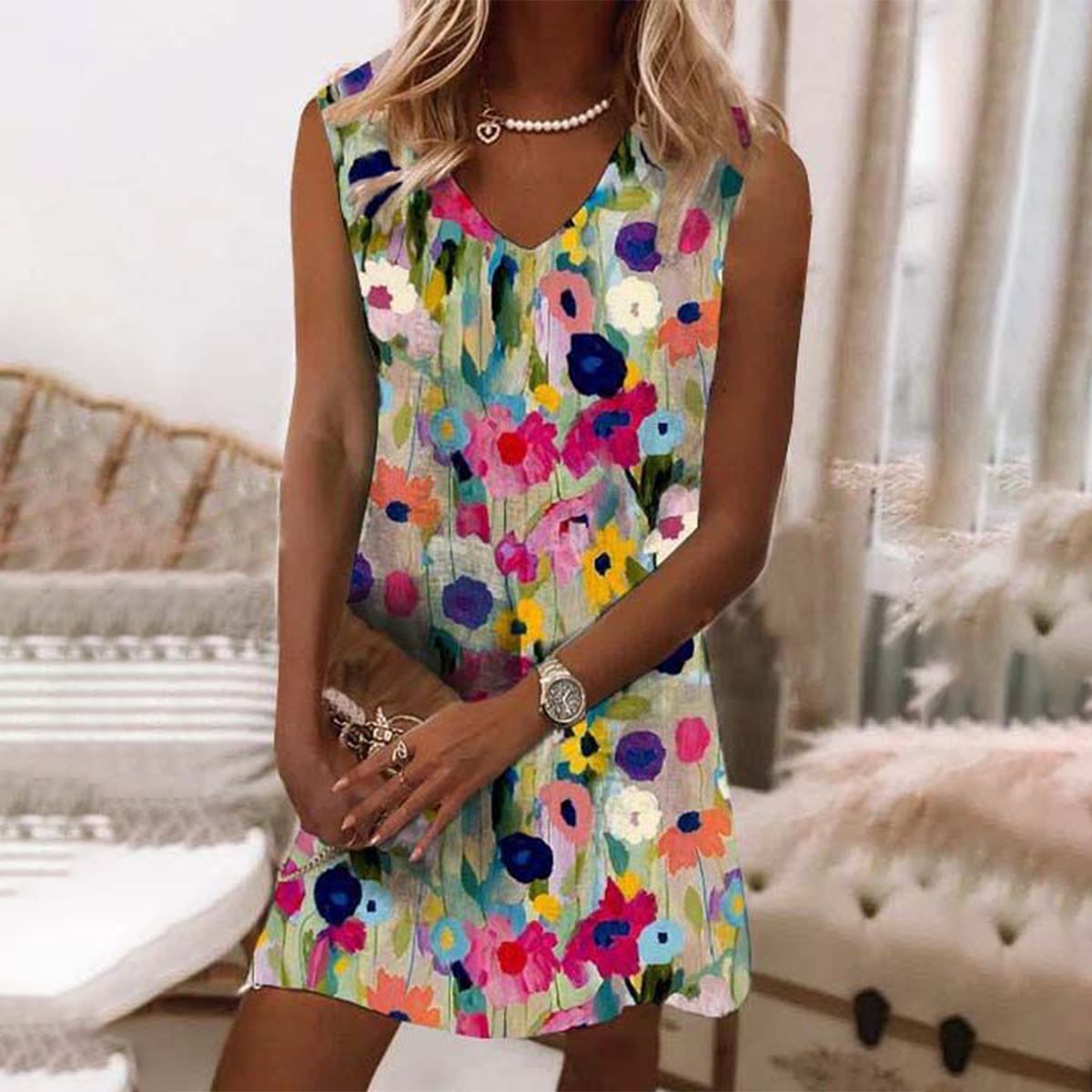 Sweet Floral Print Sleeveless Mini Dress