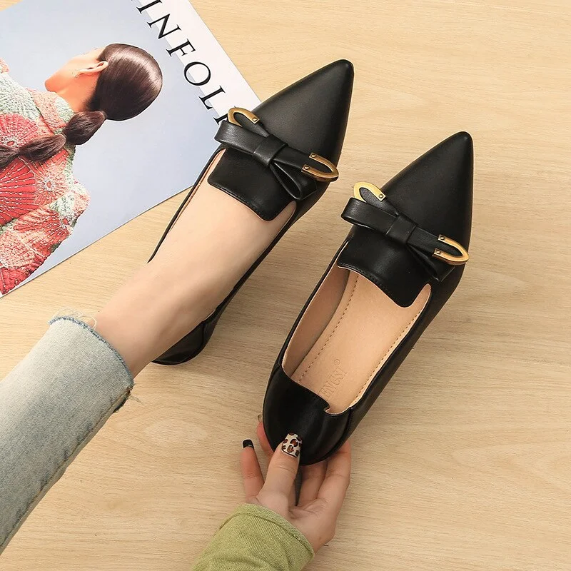 Pointed Toe Flats Womens Metal Buckle Single Shoes Cloth Belt Ballerina Loafers Slip On Lady Office Shoes Dress Leather Creepers