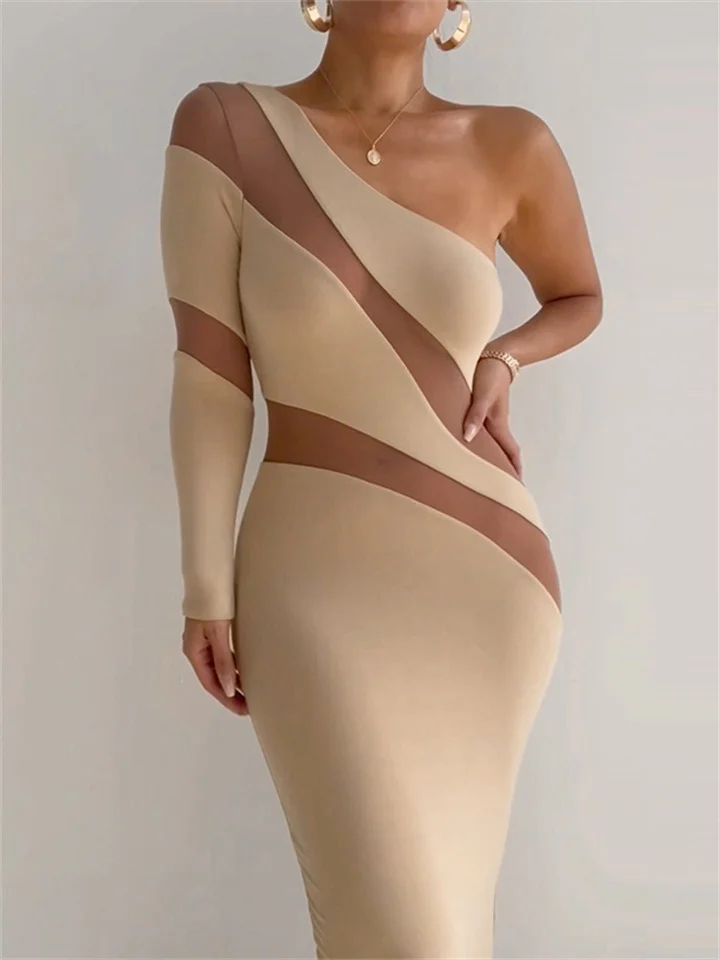 Temperament Elegant Model High Waist Tight Dress Personality Oblique Collar Sexy High Waist Mid-length Dress Splicing Mesh See-through Dress