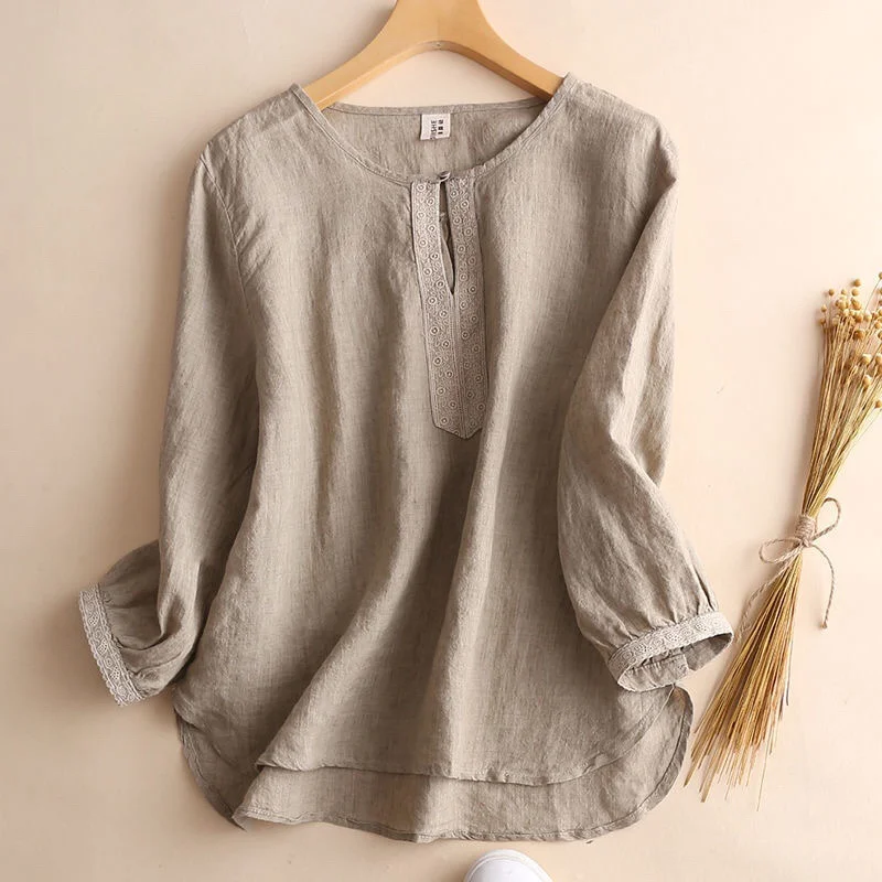 3/4 sleeve cotton and linen round neck shirt