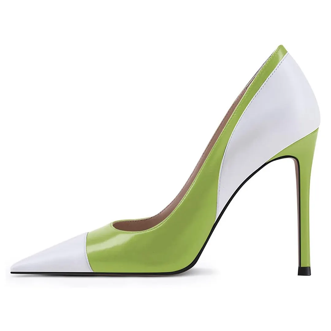 Women's White & Green Pointed Toe Stiletto Heel Slip On Pumps Shoes