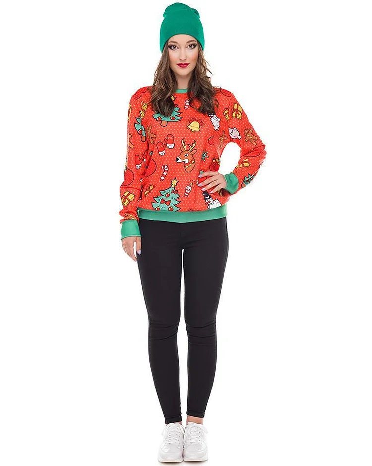 Mayoulove Red Christmas Elements Printed Unisex Pullover Sweatshirt Jumper-Mayoulove