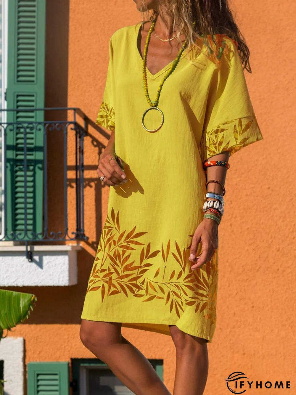 Casual Cotton-Blend V Neck Weaving Dress | IFYHOME