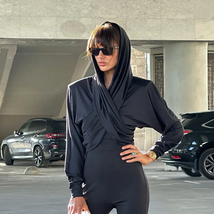 Churchf Churchf New Fashion Long Sleeve Cross Strap Design Sense Hood Crop Slim Top T-Shirt Women