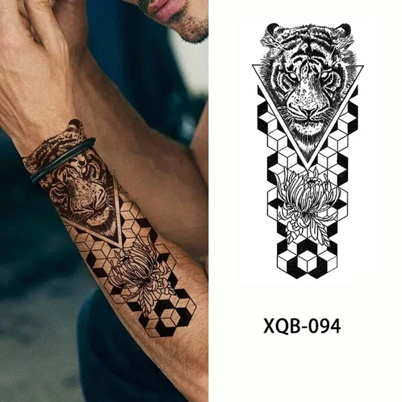 Sdrawing Forest Tattoo Sticker for Men Women Tiger Wolf Death Skull Temporary Tattoo Fake Henna Skeleton King Animal Tatoo Pattern