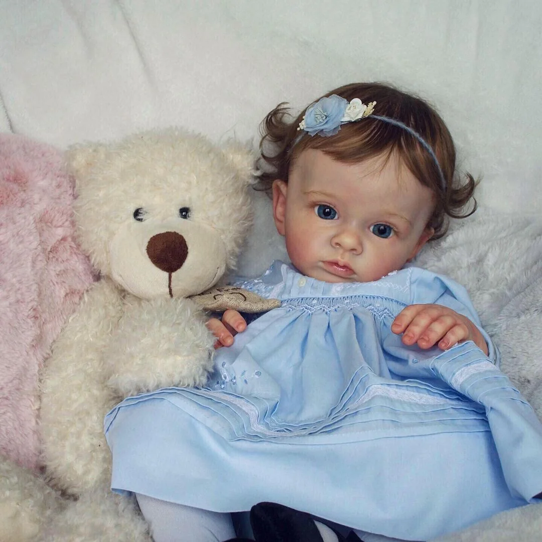 20" Soft Cloth Body Reborn Blue Eyes Girl Toddler Baby Doll With Long Curly Dark Brown Hair Named Ammy