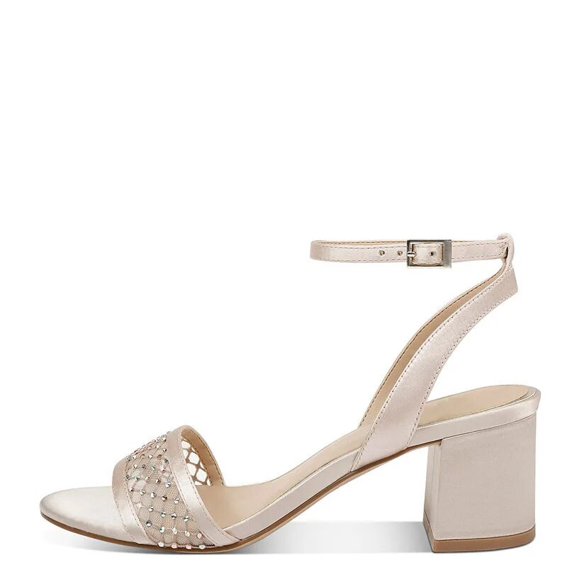 TAAFO Champagne Crystal High Chunky Heels Sandals Peep Toes Buckle Ankle Strap Lady Women Party Shoes