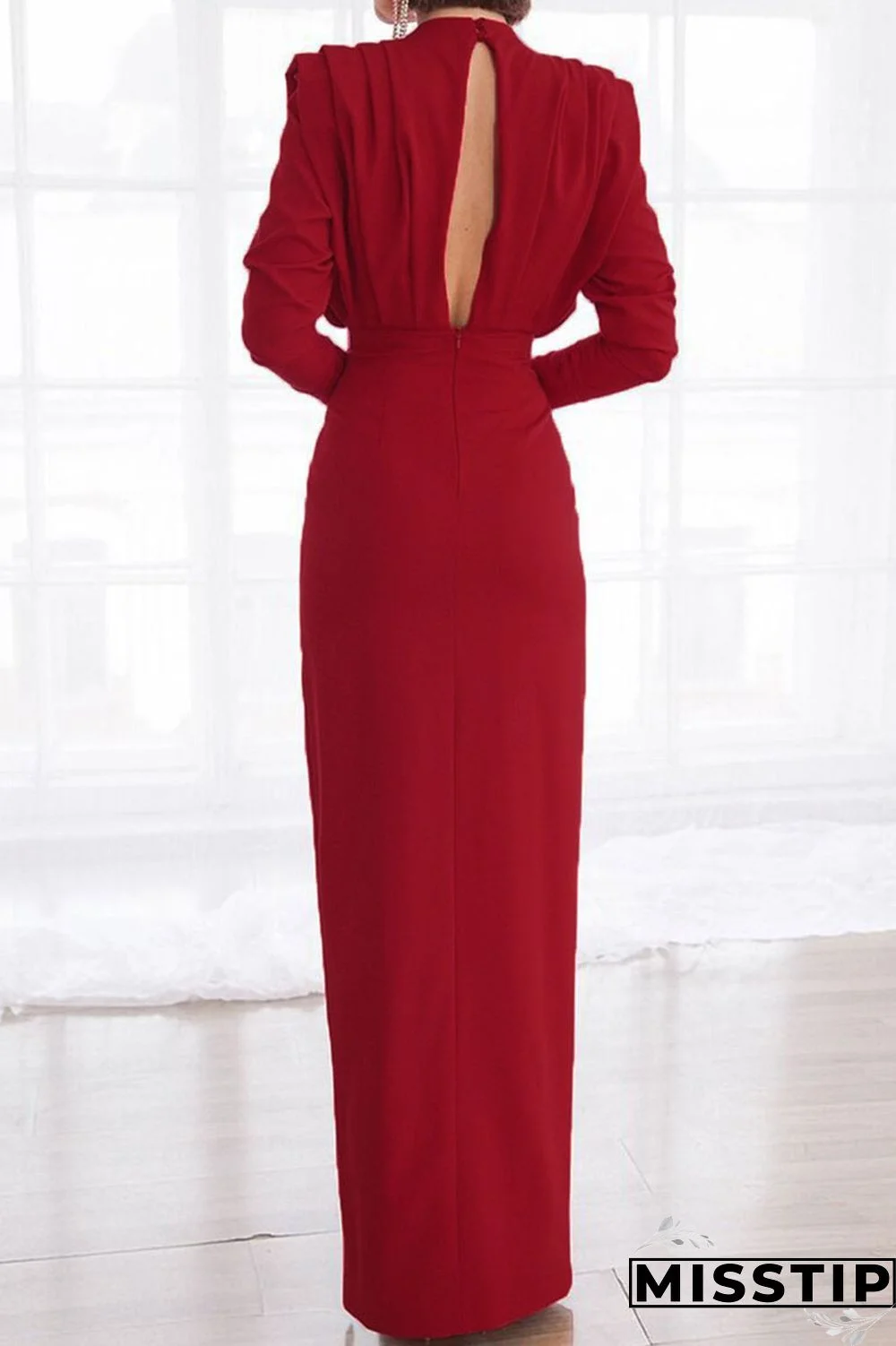 Black Elegant Solid Patchwork Backless Slit Fold O Neck Straight Dresses