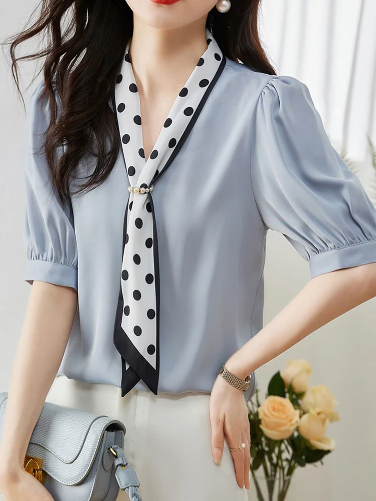 Kaitlyn Classic Printed Bow Satin Shirt-Blue