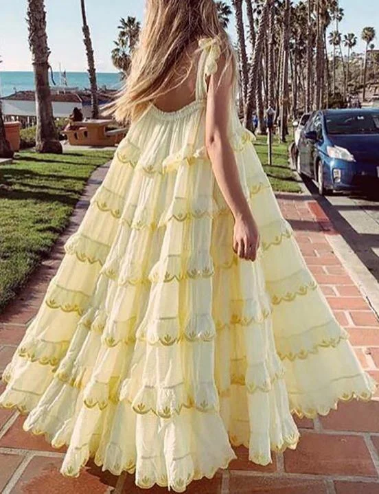 Elegant Patchwork Ruffles Yellow For Women Off Shoulder Sleeveless Oversized Dresses