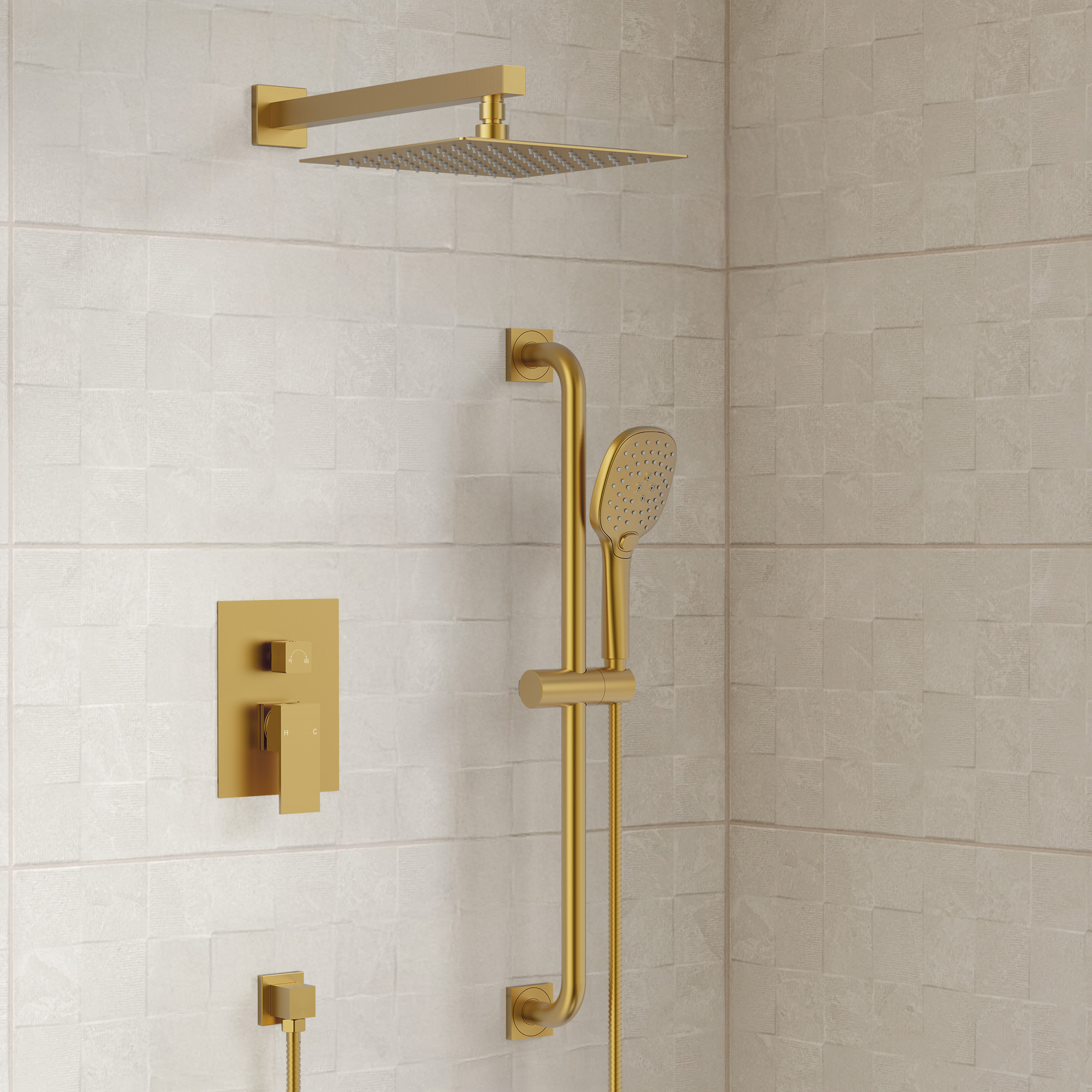 10" 2-Spray Wall-Mounted Rain shower System with Built-in Rough-in Valve, Brushed Gold