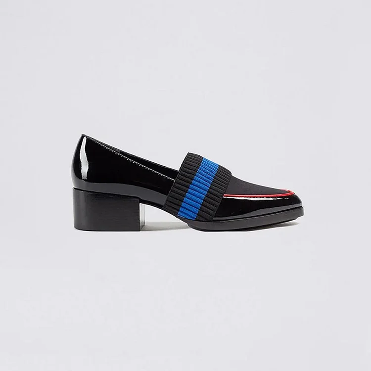 Black Almond Toe Patent Leather Loafers with Knit Vdcoo
