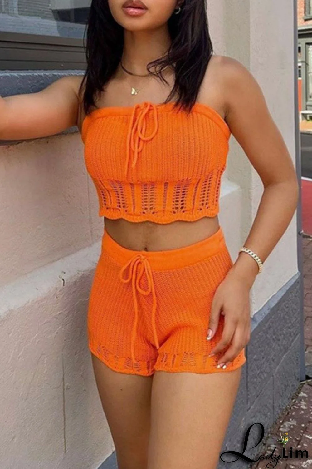 Orange Sexy Casual Solid Backless Strapless Sleeveless Two Pieces