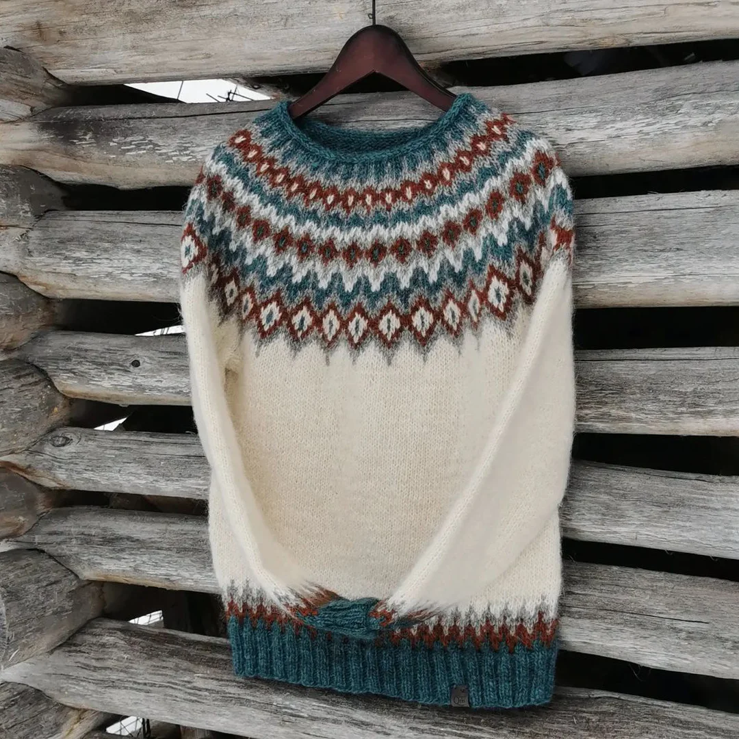 Unisex Vintage Icelandic Leaf Knit Jacquard Crew Neck Sweater