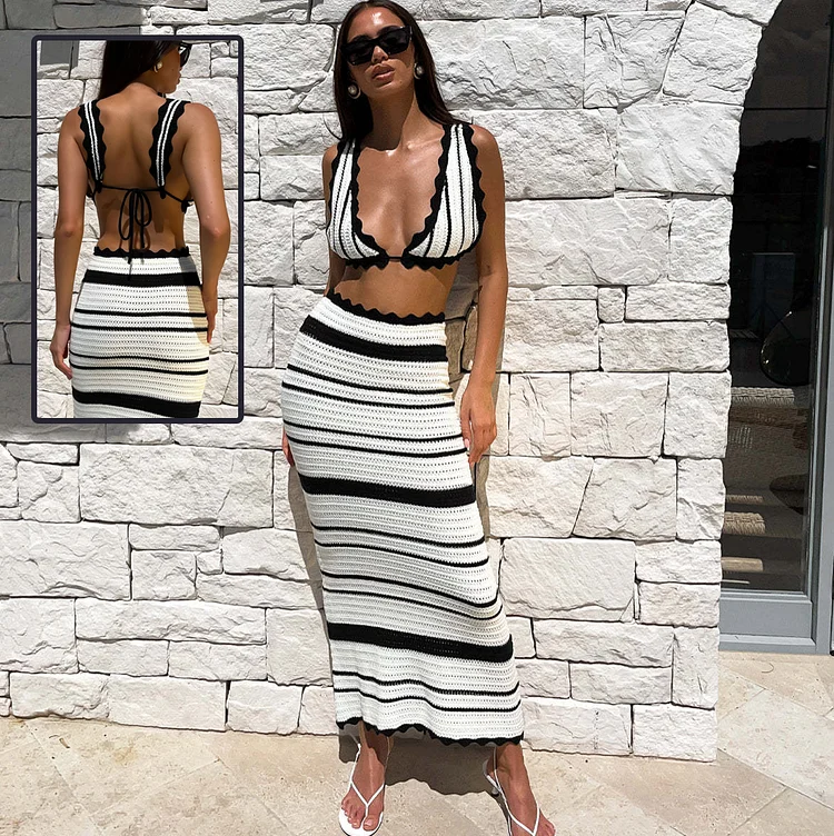 2pcs Striped Bikini Casual Vest Sling Top Suit Beach Long Dress Suits