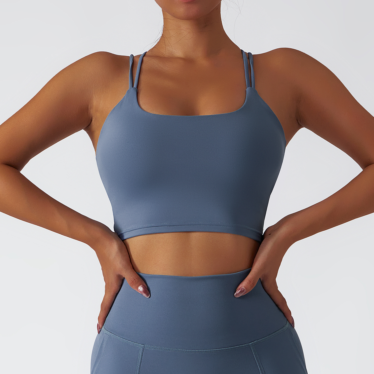 Shop Moonstone Gray sustainable recycled material criss cross thin straps breathable sports bra online on Hergymclothing