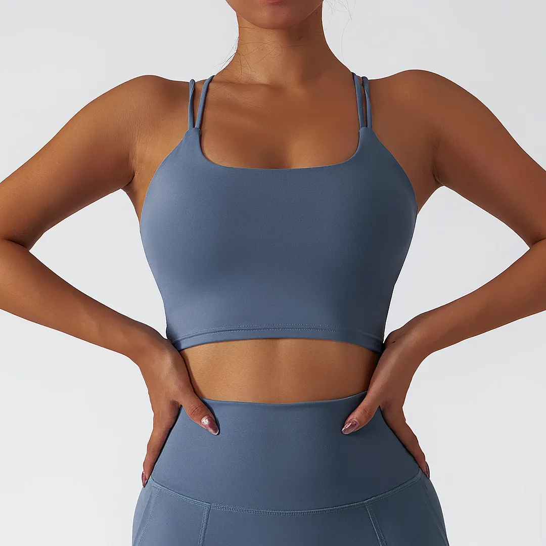 Shop Moonstone Gray sustainable recycled material criss cross thin straps breathable sports bra online on Hergymclothing