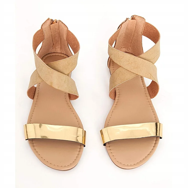 Gold and Khaki Flat Sandals Open Toe Crisscross Strap Sandals |FSJ Shoes