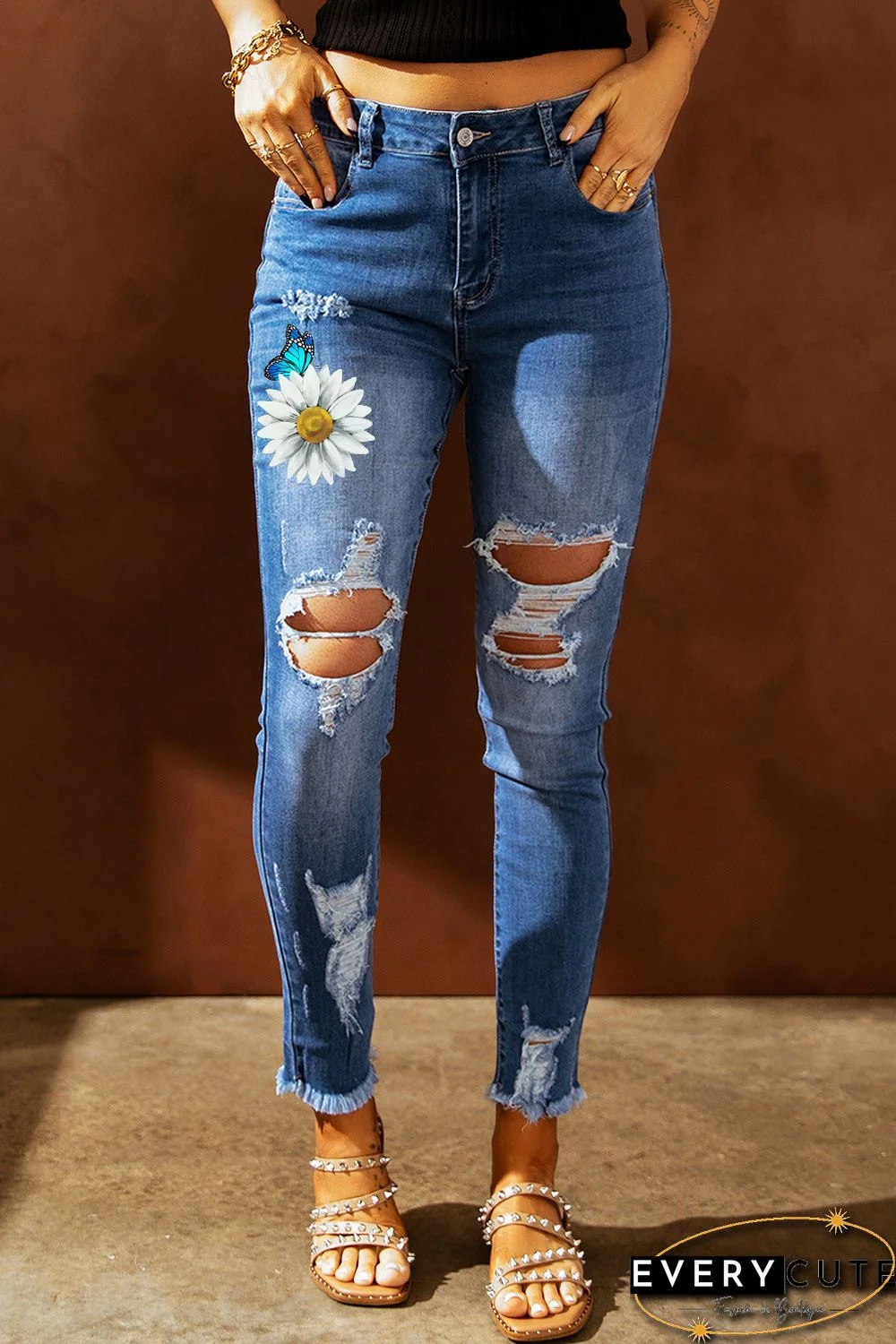Sky Blue Daisy Butterfly Print Distressed Skinny Ankle Jeans