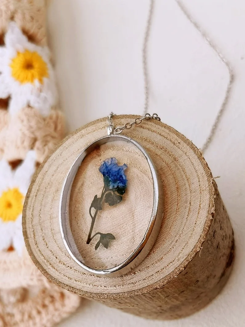 Pressed Flower Necklace -  Forget Me Not Flower Oval