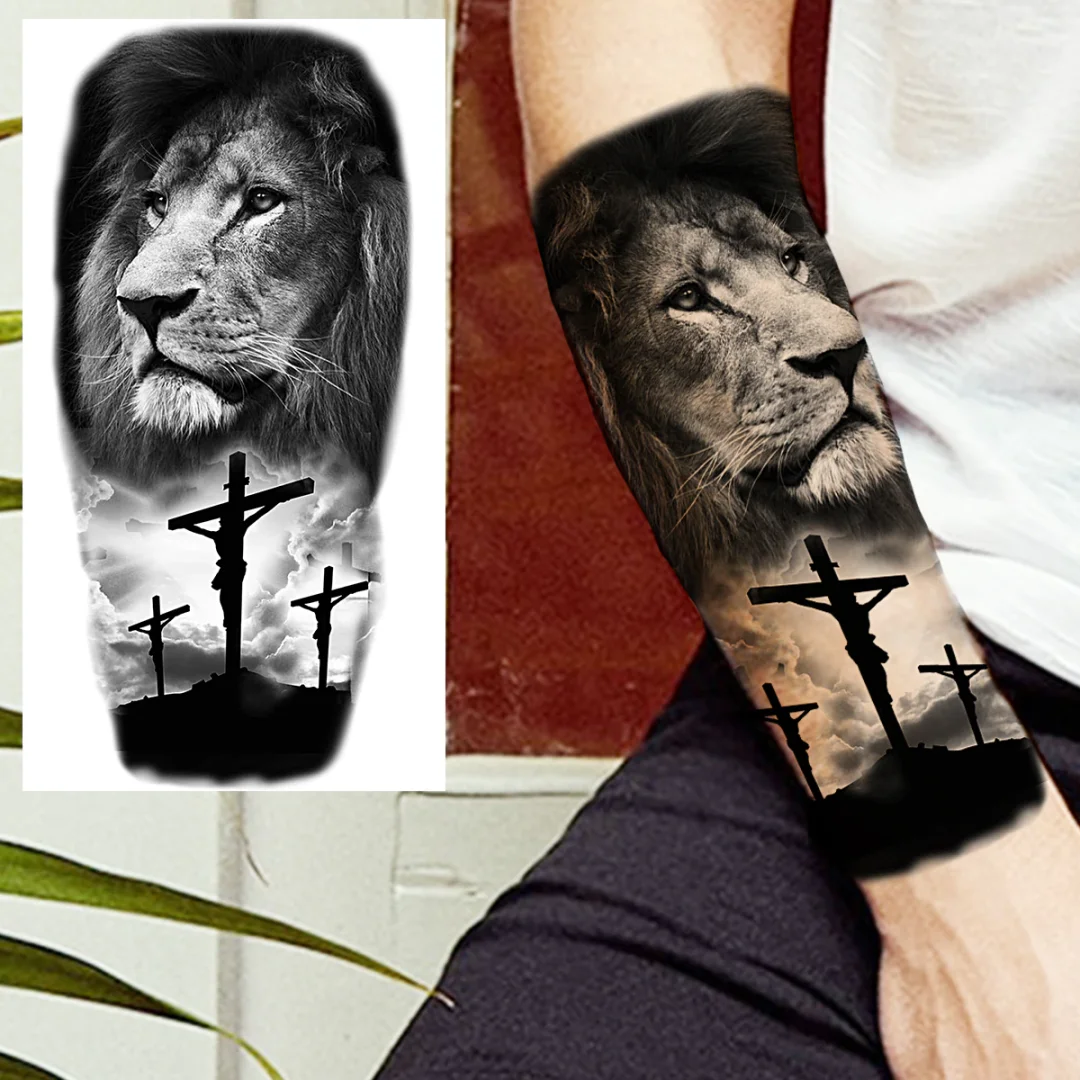 Sdrawing Praying Cross Temporary Tattoos For Men Adults Realistic Wolf Tiger Compass Skull Fake Tattoo Sticker Forearm Tatoos Arm