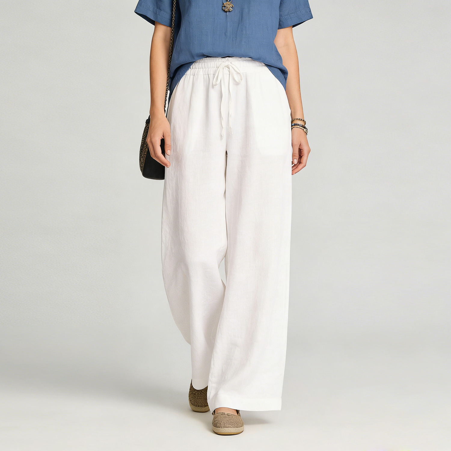 Linen Long Pants Women 100% Linen Drawstring Wide Leg Trousers REAL SILK LIFE