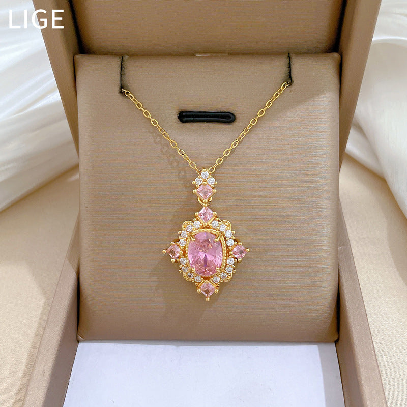 Heavy Pink Diamond Full Diamond Gorgeous Full Diamond Necklace Female Versatile Clavicle Chain Titanium Steel