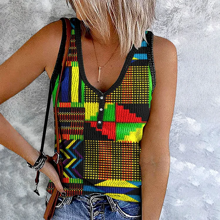 Comstylish Africa Ethnic Contrasting Colors Patchwork V-Neck Tank Top