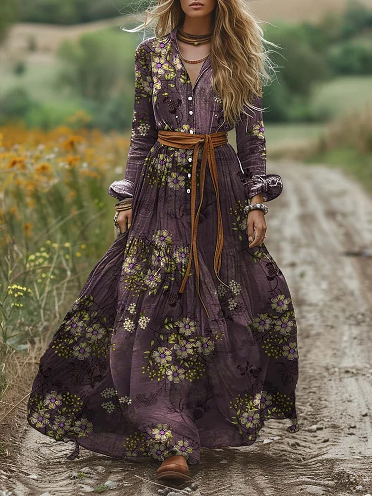 Women's Vintage Shirt Collar Positioning Print Long Sleeve Dress Pocket Cotton Dress