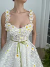 White Daisy Flower 3D Floral Ball Gown Tea Length Midi Bridal Dress Garden Party Cottagecore A Line Embroidered Tulle Mesh Formal