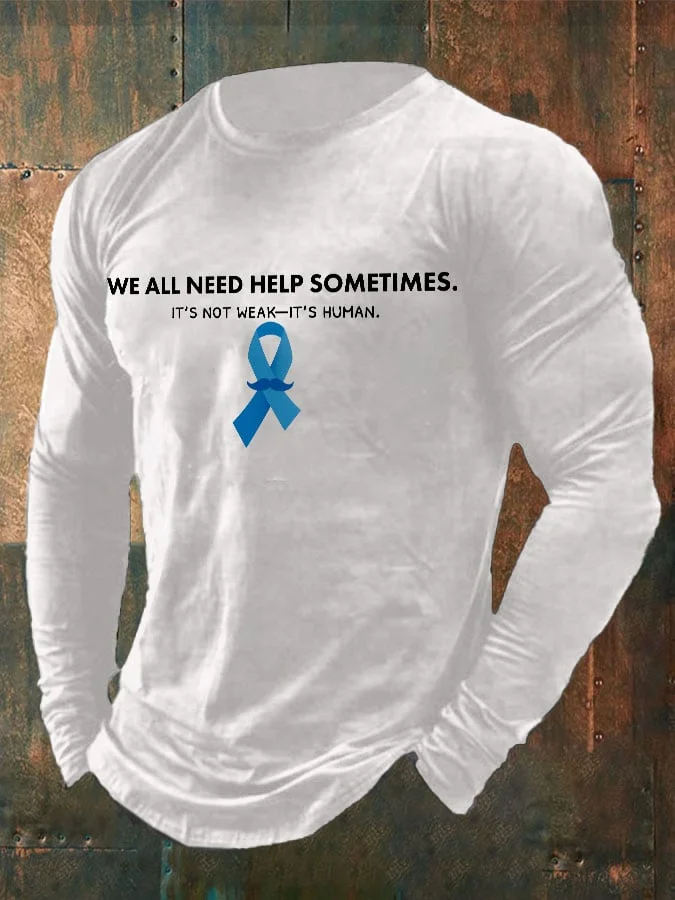 Men's Retro  Blue Ribbon With Mustache Men's Mental Health Awareness We All Need Help Sometimes. It's Not Weak-It's Human Print T-Shirt socialshop