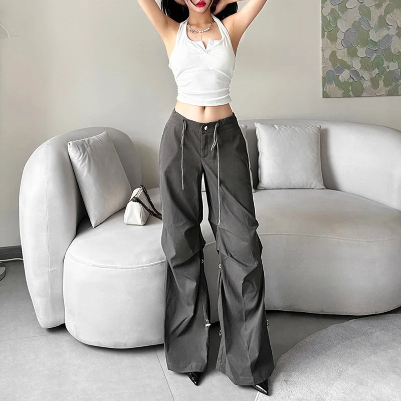 Uveng Uveng New 2023 Summer Women's Solid Color Loose Street Fashion High Waist Casual Straight Leg Wide-Leg Pants