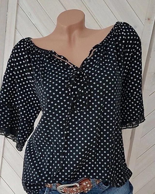 Women's Plus Size Blouse Shirt Polka Dot Print V Neck Tops Streetwear Basic Top Black Blue Red-832