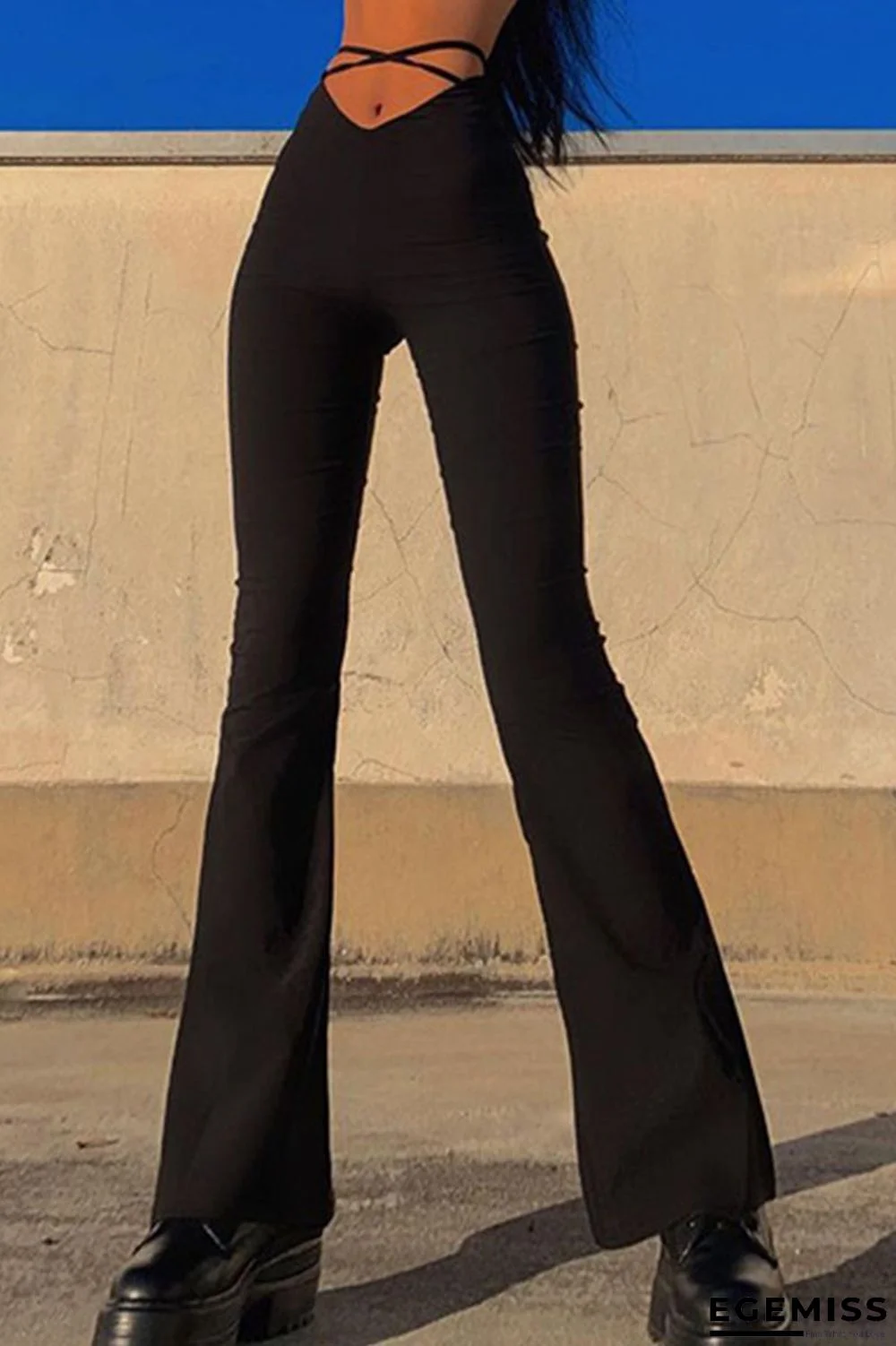 Black Street Solid Patchwork Frenulum Boot Cut High Waist Speaker Solid Color Bottoms | EGEMISS