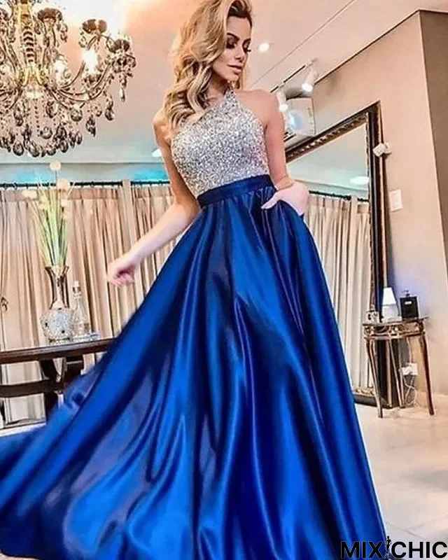 Women's A Line Dress Maxi Long Dress Blue Sleeveless Solid Color Backless Sequins Patchwork Fall Round Neck Formal