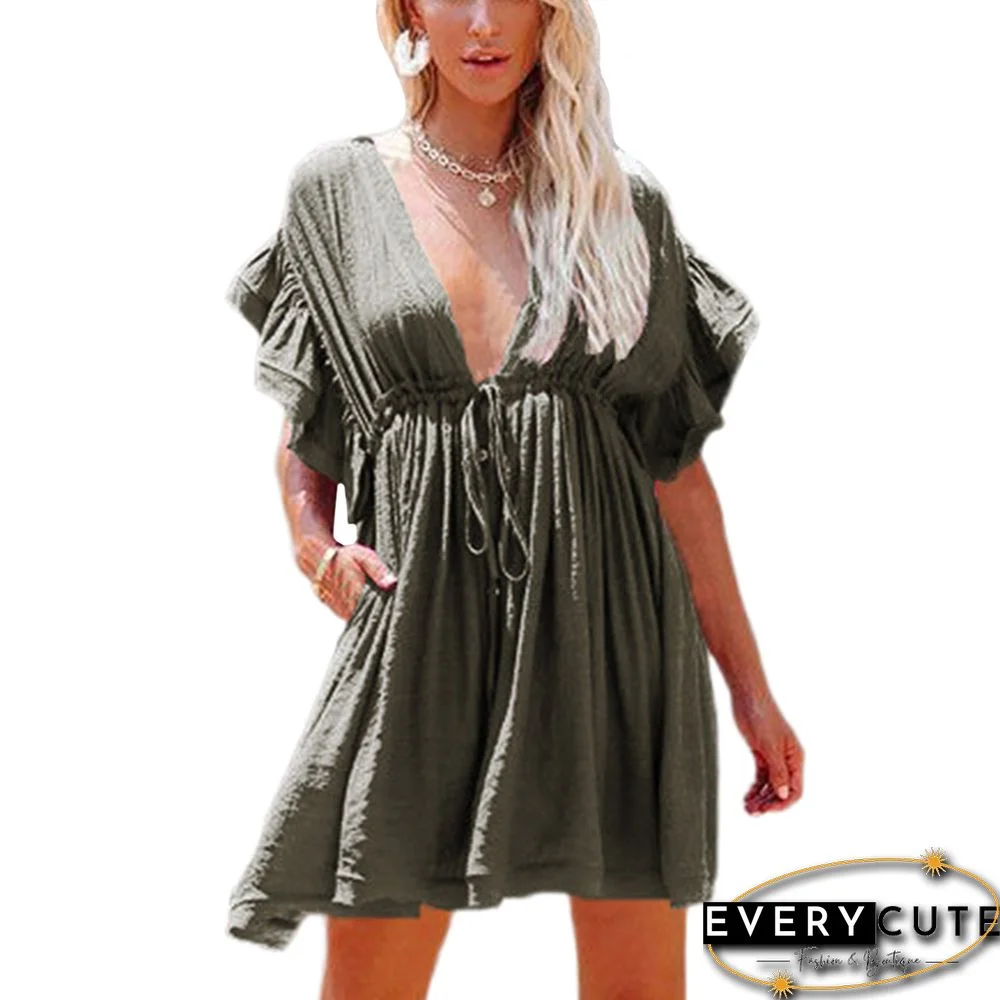 Army Green Waist Drawstring Back Lace-up Mini Dress
