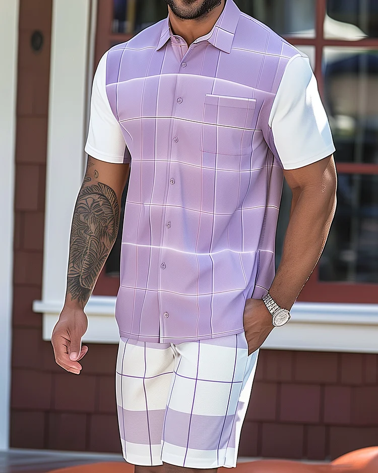 Men's Casual Color Block Textured Shorts Walking Suit 052