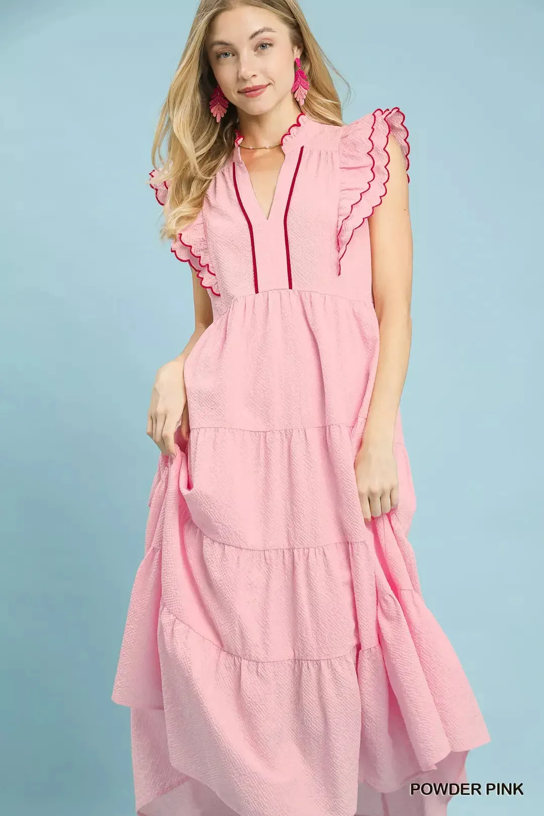 Umgee Seersucker Ruffle Sleeve Tiered Midi Dress mysite idetrend