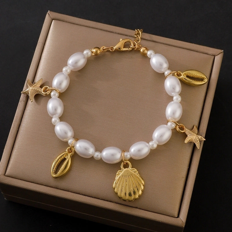 Minimalist Moon Flower Bow Knot Imitation Pearl Alloy Bracelets