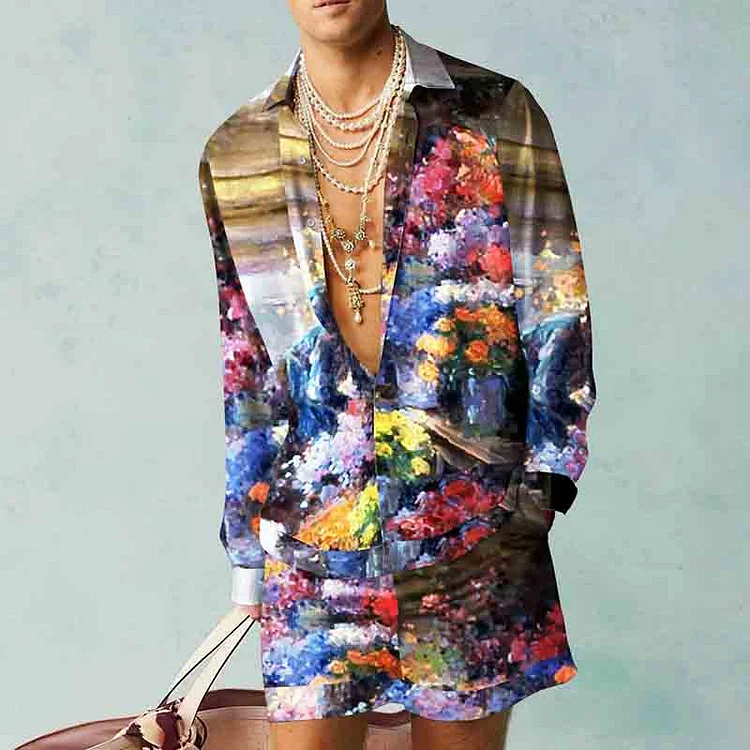 BrosWear Fashion Chrysanthemum Oil Painting Shirt And Shorts Co-Ord