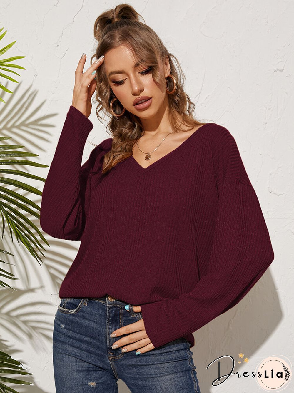 Solid Backless Criss-cross V-neck Long Sleeve Sweatshirt