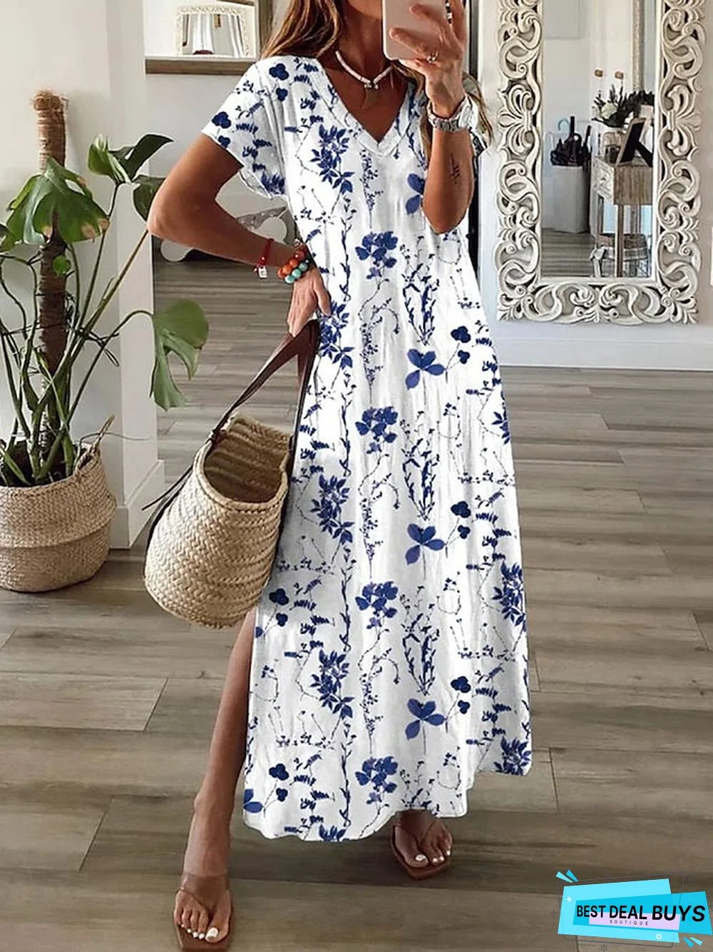 Women's Long Dress Maxi Dress Casual Dress A Line Dress Print Dress Flower Fashion Streetwear Daily Date Vacation Split Print Short Sleeve V Neck Dress Regular Fit Blue Spring Summer S M L XL XXL