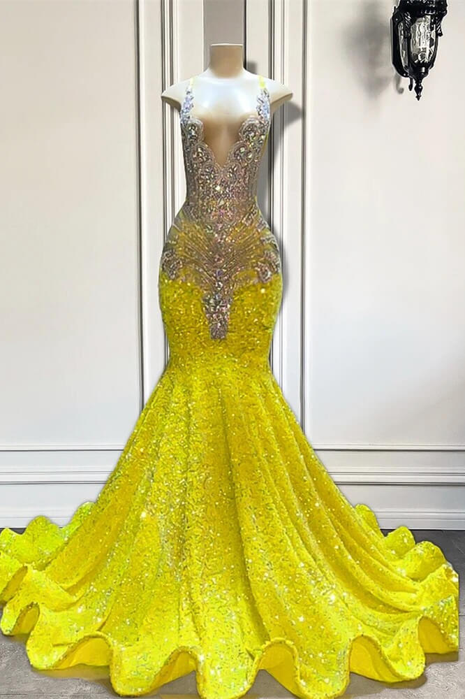 Bellasprom Yellow V-Neck Sleeveless Mermaid Prom Dress With Beadings Sequins Bellasprom