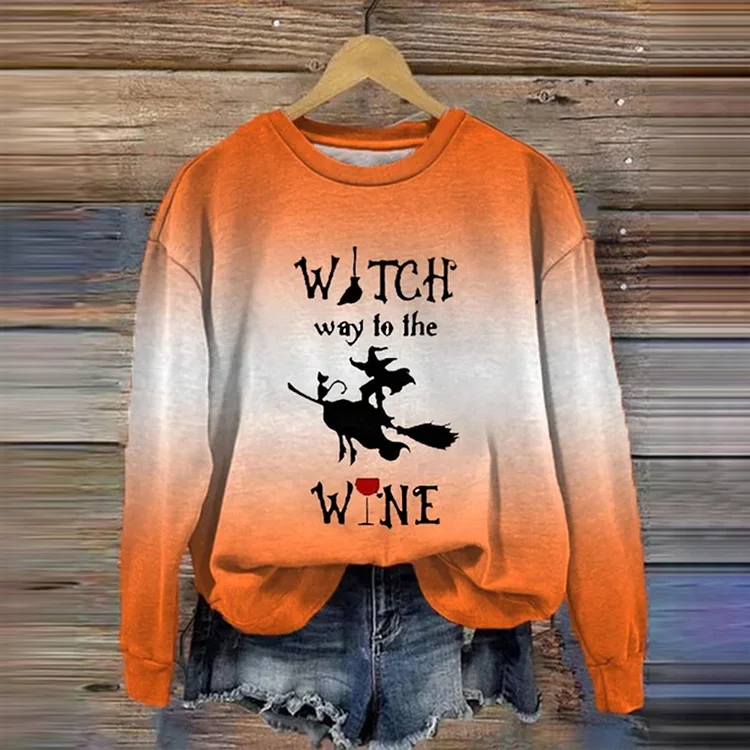 Halloween Witch Way To The Wine Gradient Color Printed Sweatshirt