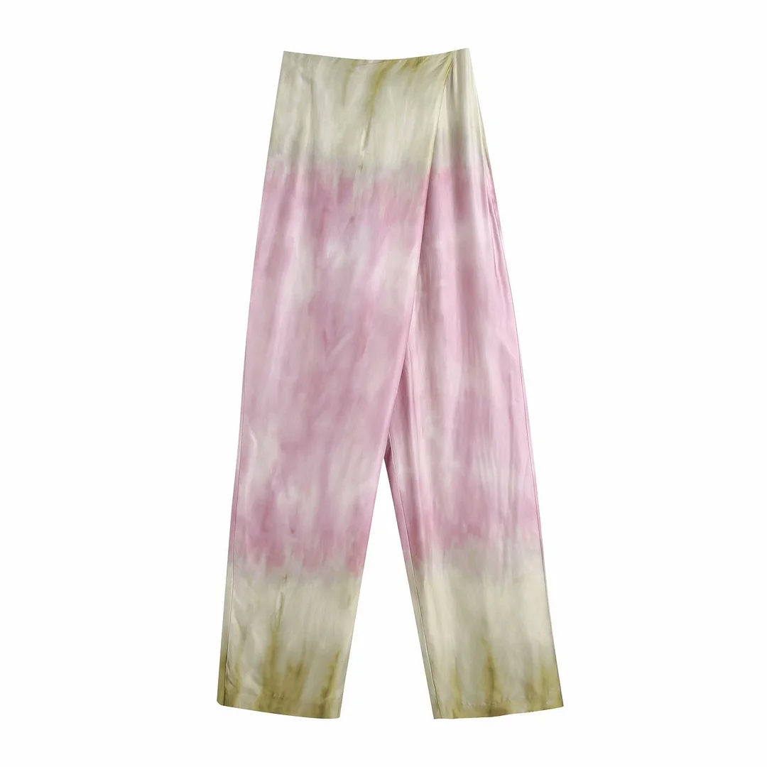 Zevity 2021 Women Fashion Gragual Color Tie Dyed Printing Satin Wide Leg Pants Retro Female Side Zipper Chic Long Trousers P1030