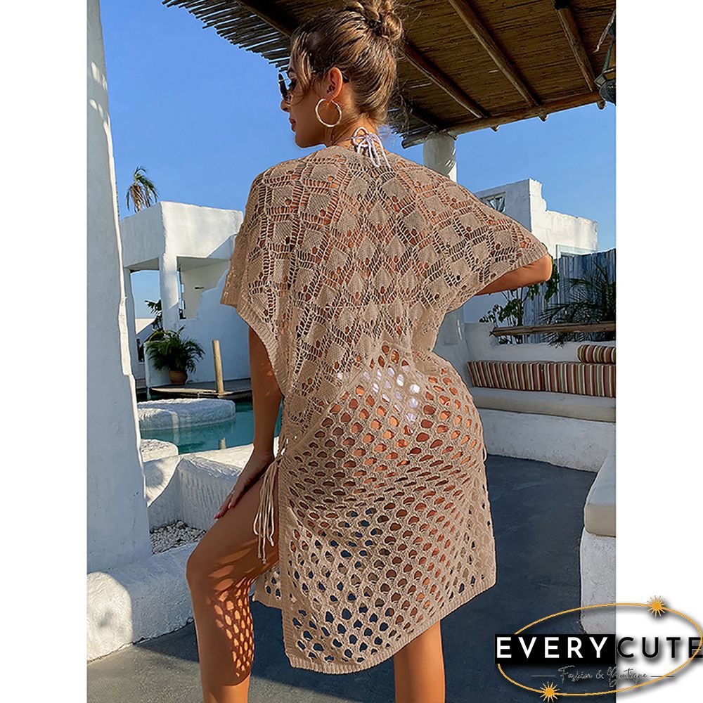 Khaki Hollow Out V Neck Pullover Cover Up Beach Dress